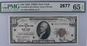 1929 $10.00 NOTE PMG CERTIFIED GEM UNCIRC 65 EPQ FRBN NEW YORK Fr#1860 B  #2677