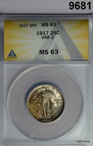 1917 STANDING LIBERTY QUARTER ANACS CERTIFIED VAR 2 MS63 AMBER COLORS! #9681
