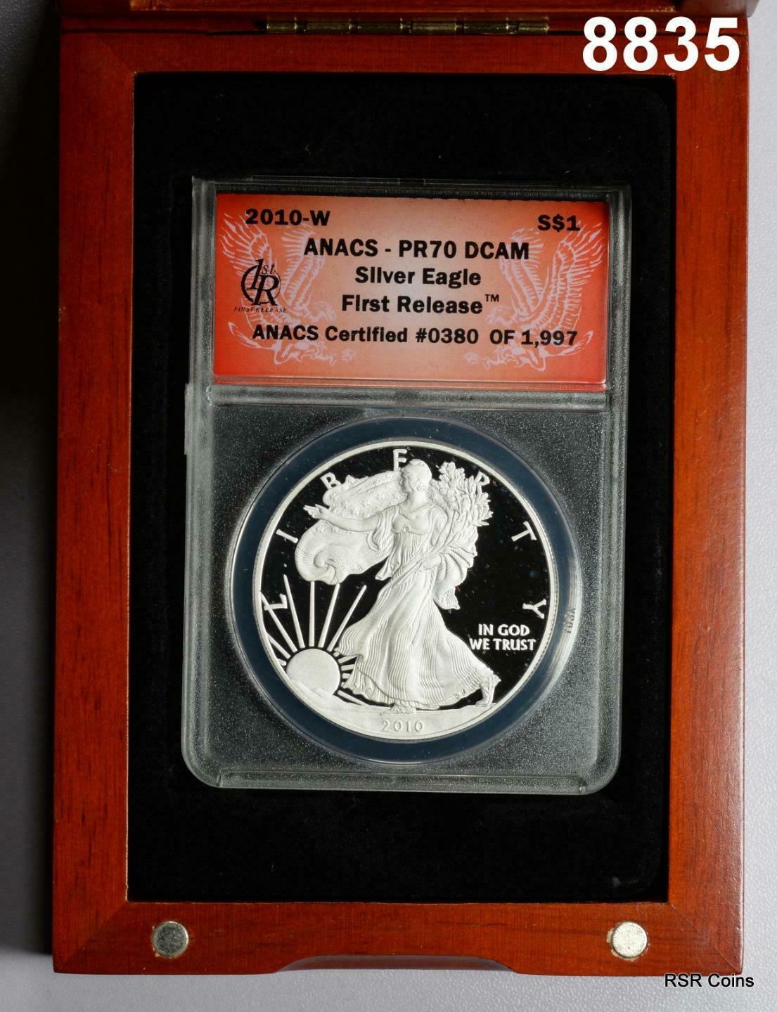 2010 W SILVER EAGLE FIRST RELEASE ANACS CERTIFIED PR70 DCAM IN WOOD BOX! #8835