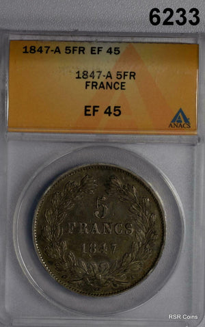 1874 A 5 FRANC FRANCE LOUIS PHILIPPE ANACS CERTIFIED EF45 #6233