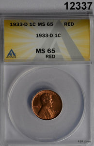 1933 D LINCOLN CENT ANACS CERTIFIED MS65 RD FIRE RED!! #12337