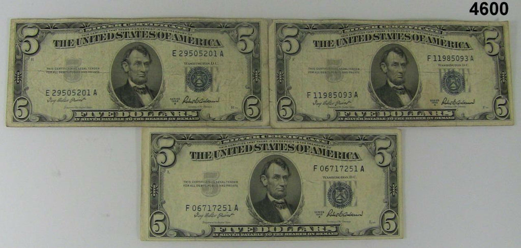 LOT OF THREE 1953 A $5 SILVER CERTIFICATES NICE VG TO FINE CONDITION #4600