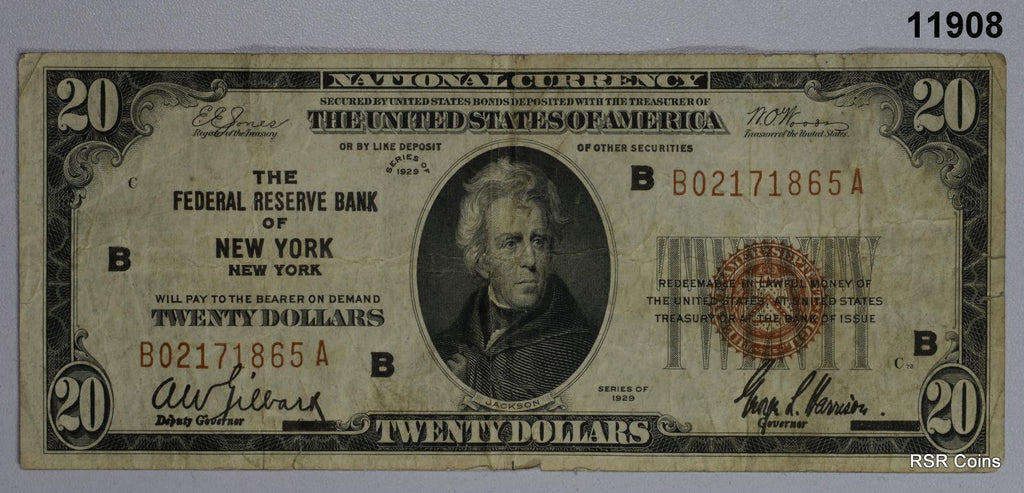 1929 NEW YORK FEDERAL RESERVE BANK NOTE BROWN SEAL NATIONAL CURRENCY #11908
