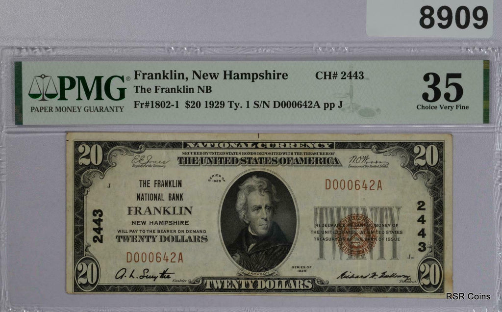 NEW HAMPSHIRE FRANKLIN-FRANKLIN NATIONAL BANK $20 1929 PMG CERTIFIED #8909