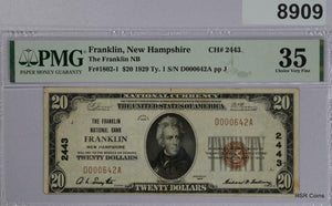 NEW HAMPSHIRE FRANKLIN-FRANKLIN NATIONAL BANK $20 1929 PMG CERTIFIED #8909