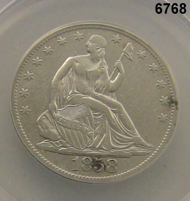 1858 O SEATED HALF DOLLAR ANACS CERTIFIED VF30 CLEANED #6768