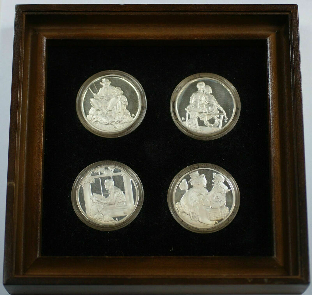 The Four Seasons by Norman Rockwell Sterling Silver Medal Set Wooden Frame #9667