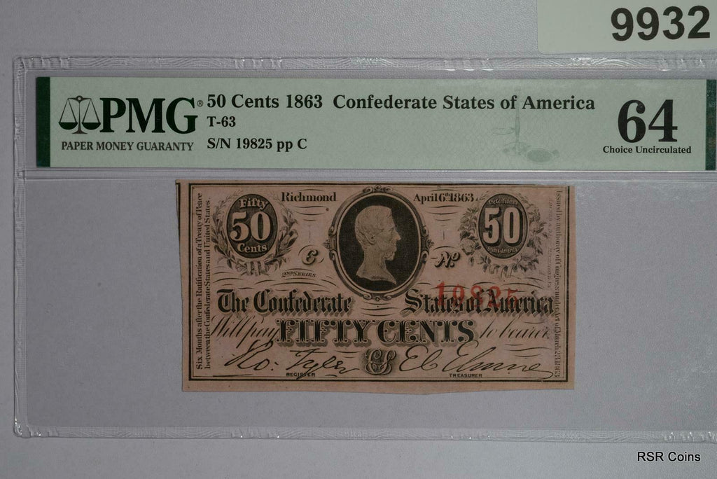1863 CSA NOTE T-63 50 CENT PMG CERTIFIED 64 POP: 35 #9932