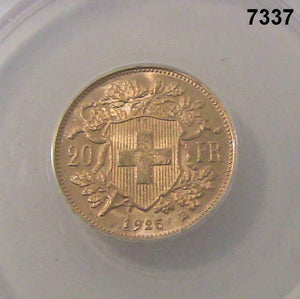 1925 B SWITZERLAND 20 FRANC GOLD ANACS CERTIFIED MS64 FLASHY! #7337