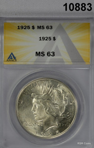 1925 PEACE SILVER DOLLAR ANACS CERTIFIED MS63 NICER! #10883