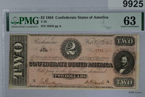 1864 CSA $2.00 NOTE T-70 PMG CERTIFIED 63 POP: 131 #9925