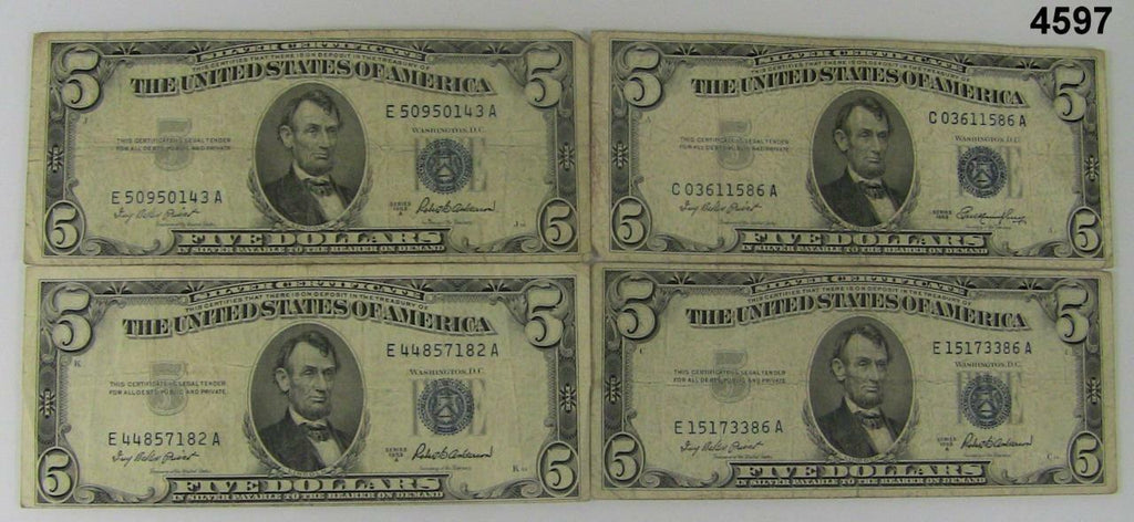 LOT OF FOUR 1953 $5 SILVER CERTIFICATES NICE VERY GOOD TO FINE CONDITION #4597