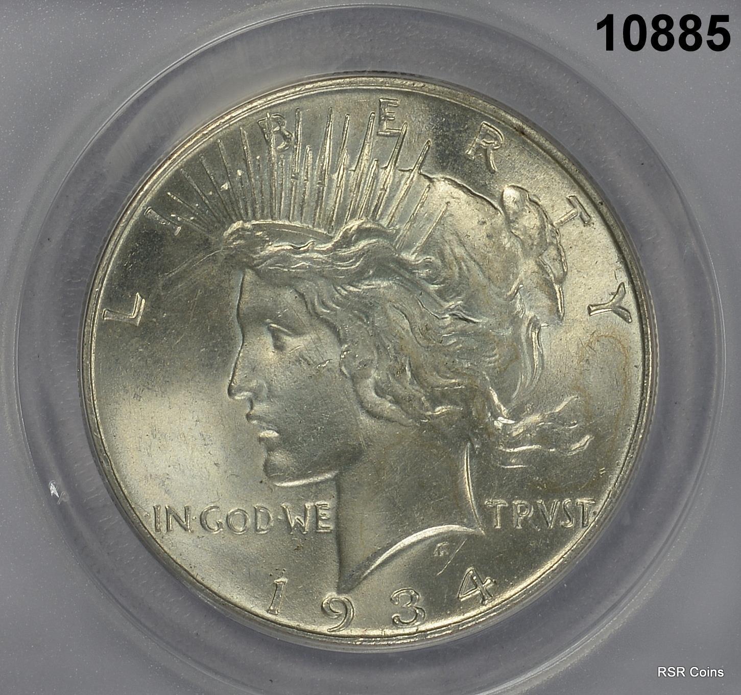 1934 PEACE SILVER DOLLAR ANACS CERTIFIED MS61 LOOKS BETTER! #10885