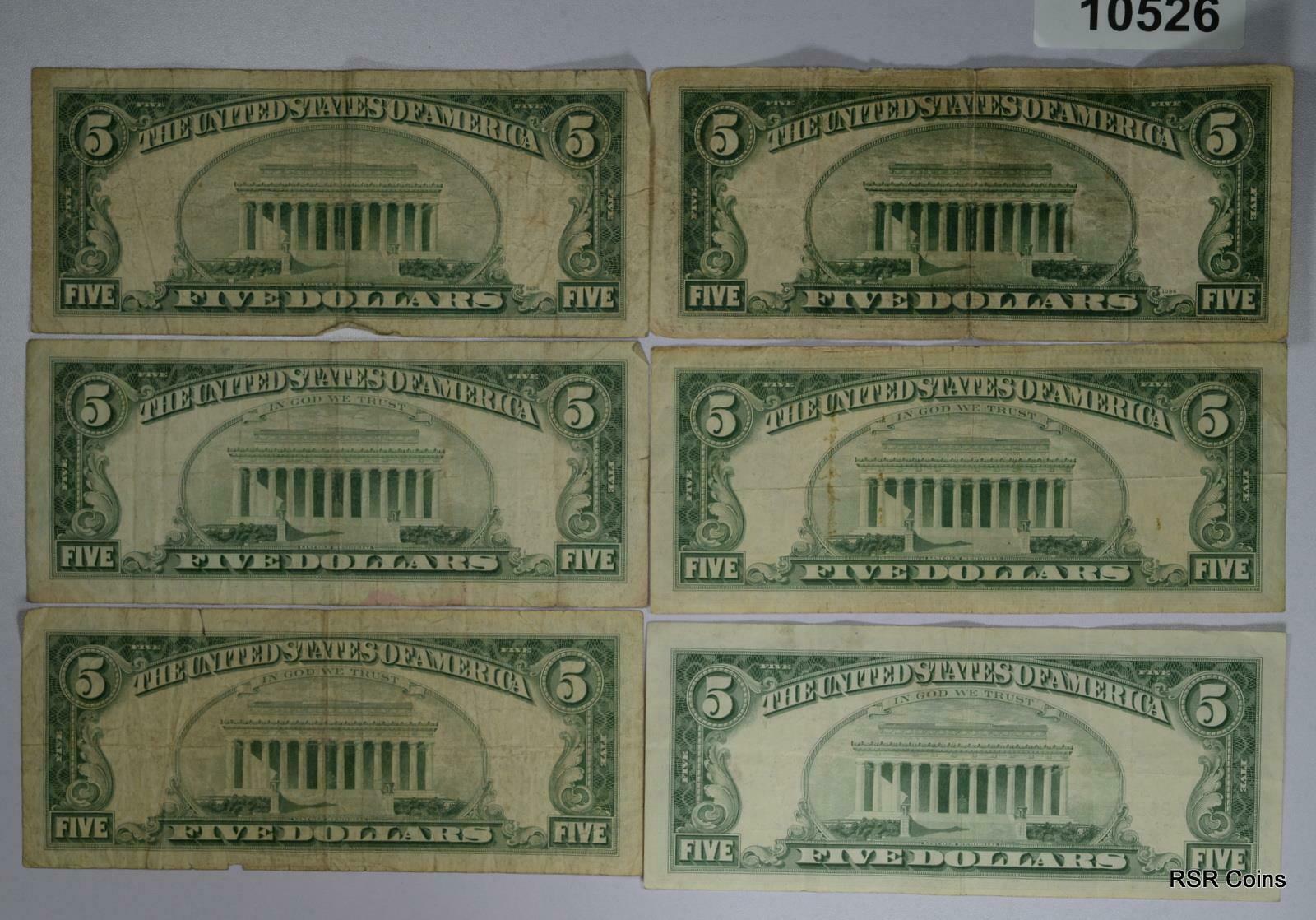 $5 RED SEAL NOTE LOT G-XF (8) TOTAL: (1) 1928 C, (2) 1953, (5) -1963 #10526