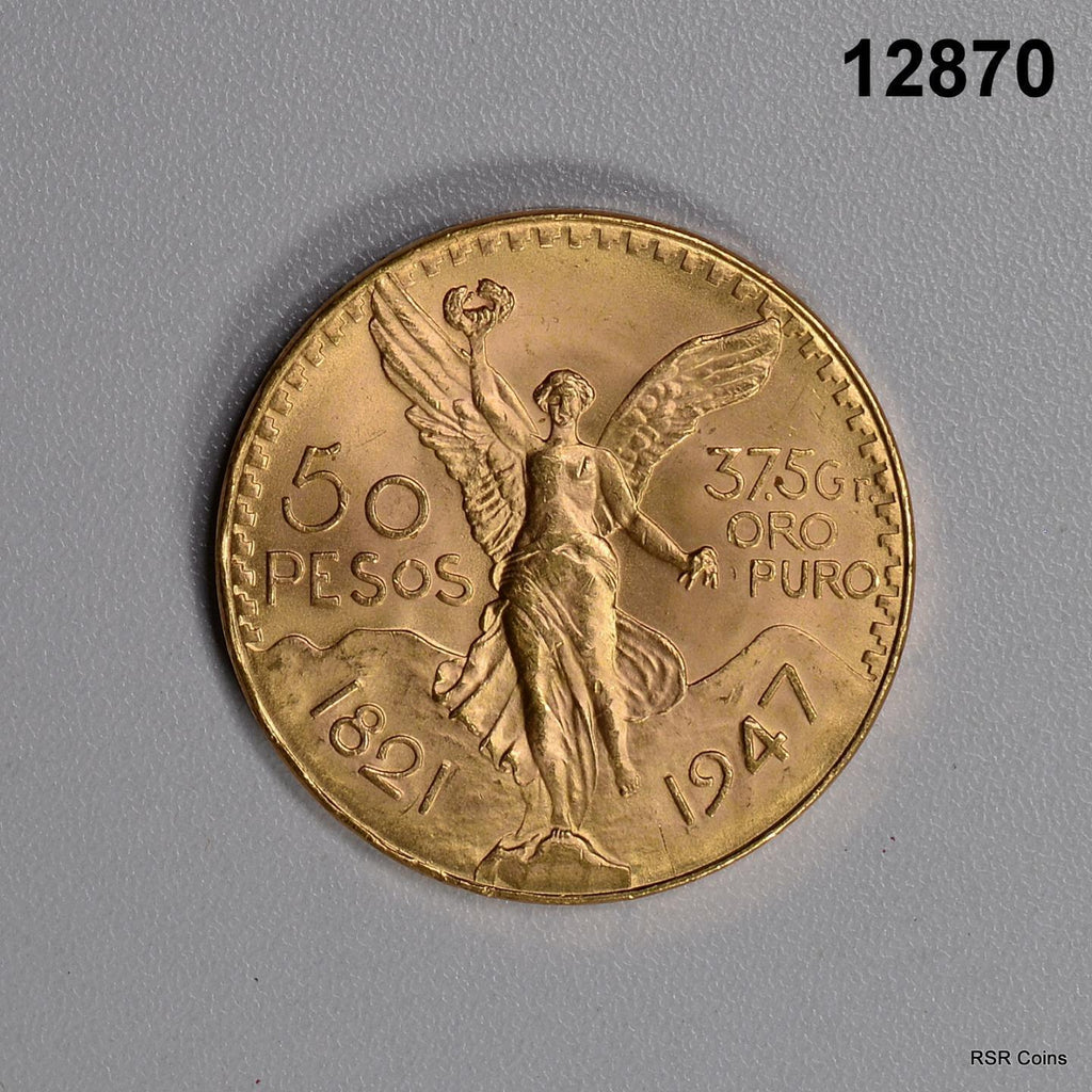 1947 MEXICAN GOLD 50 PESOS COIN 37.5 GRAMS PURE GOLD 1.2059+ OZ GEM BU!! #12870