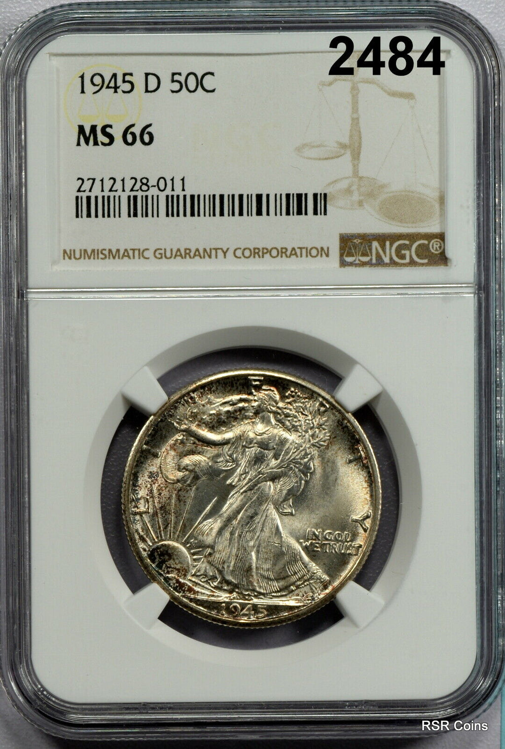 1945 D NGC CERTIFIED MS 66 LIBERTY WALKING HALF DOLLAR FLASHY GOLD TONING! #2484