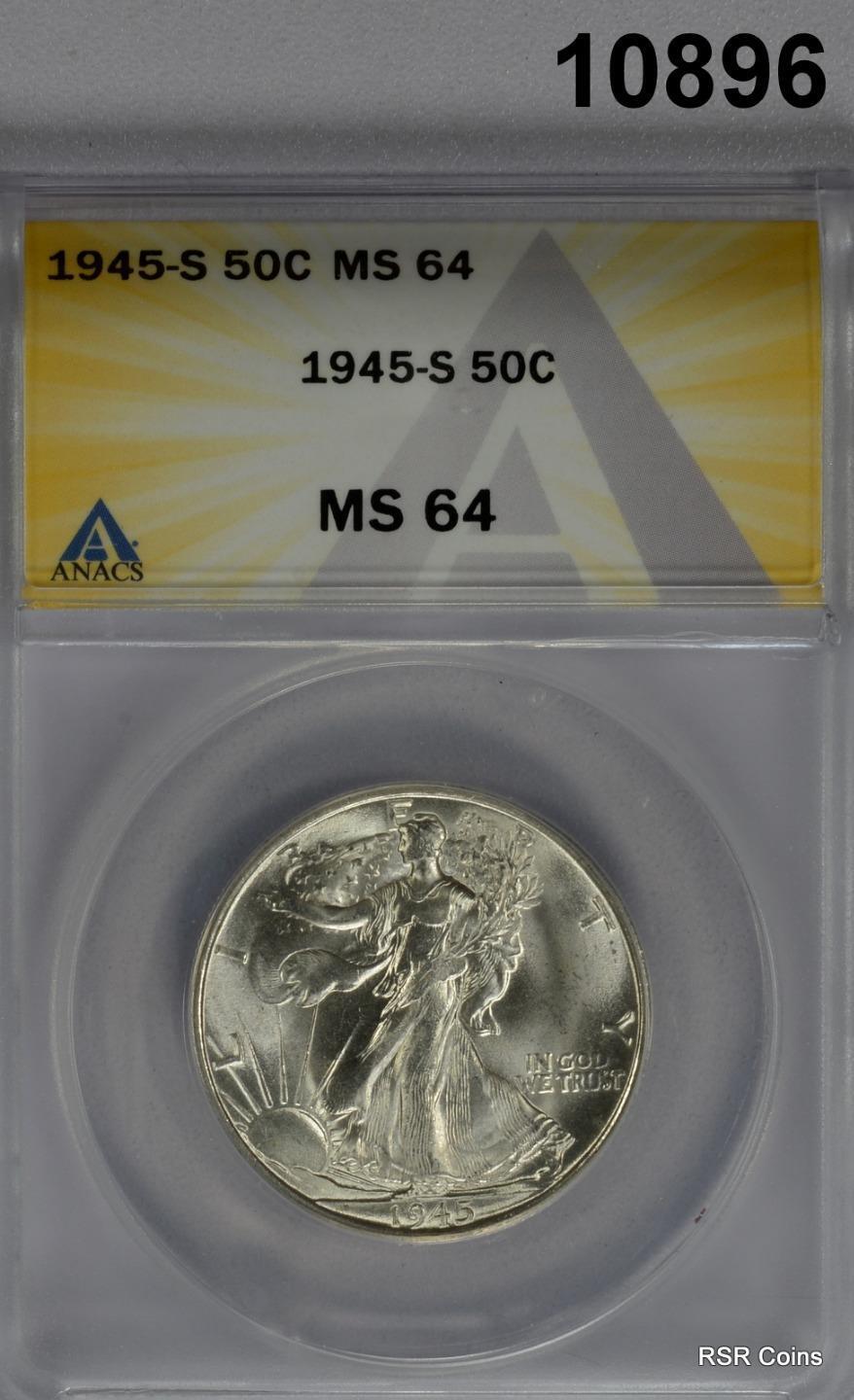 1945 S WALKING LIBERTY HALF ANACS CERTIFIED MS64 FLASHY!! #10896