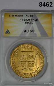1725 BRAZIL 20,000 REIS GOLD 53.7 GR! ANACS CERTIFIED AU55 RARITY! #8462