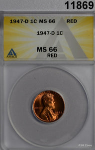 1947 D LINCOLN CENT ANACS CERTIFIED MS66 RD! FINE RED! #11869