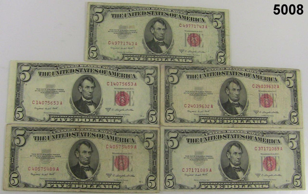 1953 B & C RED SEAL UNITED STATES $5 NOTES LOT OF 15 FINE TO VF CONDITION #5008