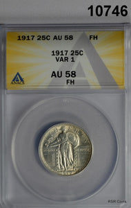 1917 TYPE 1 STANDING LIBERTY QUARTER ANACS CERTIFIED AU58 FH NICE! #10746
