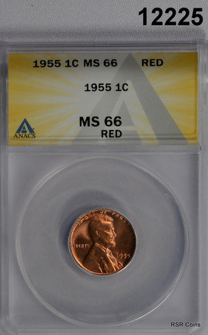 1955 LINCOLN CENT ANACS CERTIFIED MS66 RED #12225