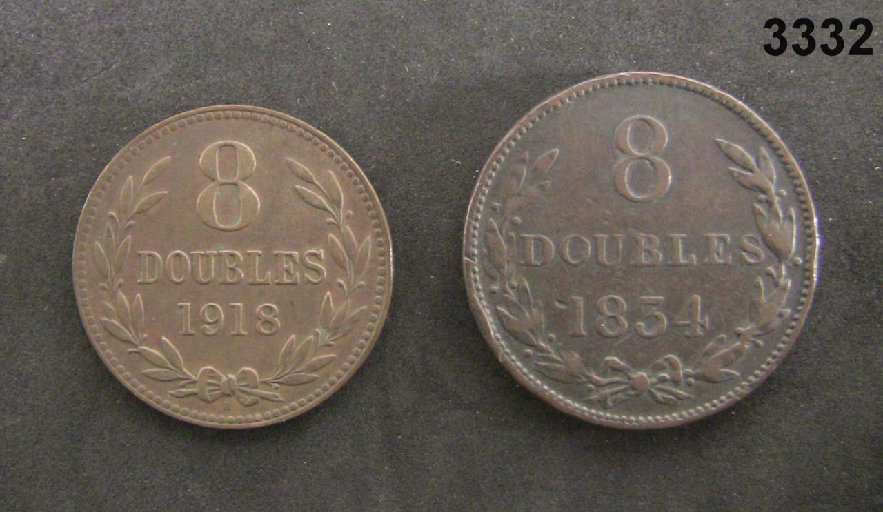 1834 & 1918 XF LOT OF 2 COINS GUERNESEY 8 DOUBLES #3332