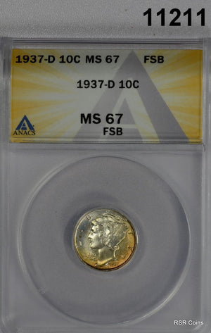 1937 D MERCURY DIME ANACS CERTIFIED MS67 FSB PERIPHERAL GOLDEN OBVERSE! #11211