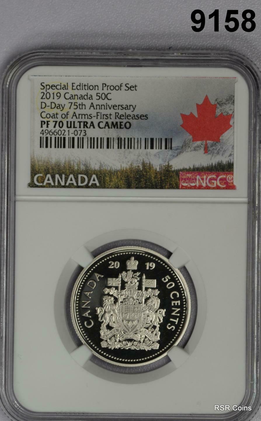 2019 CANADA 50 CENT D-DAY COAT OF ARMS FIRST RELEASE NGC CERTIFIED PF70 #9158