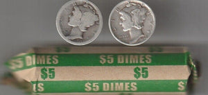 mercury silver dime roll 50 coins mixed years 90% SILVER COINS DEL.