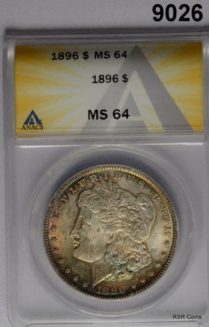 1896 MORGAN SILVER DOLLAR ANACS CERTIFIED MS64 BLUE RED COLORS OBVERSE! #9026