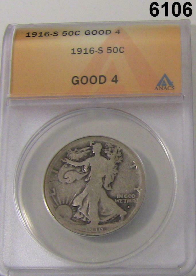 1916 D WALKING LIBERTY HALF ANACS CERTIFIED GOOD 4 CLEANED #6106