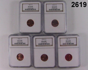 5 COIN LOT DIFFERENT NGC CERTIFIED MS 66 RD LINCOLN WHEATS CHECK DATES #2619