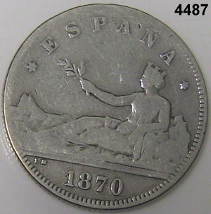 1870 SPAIN 2 PESETA SILVER SCARCE COIN! #4487