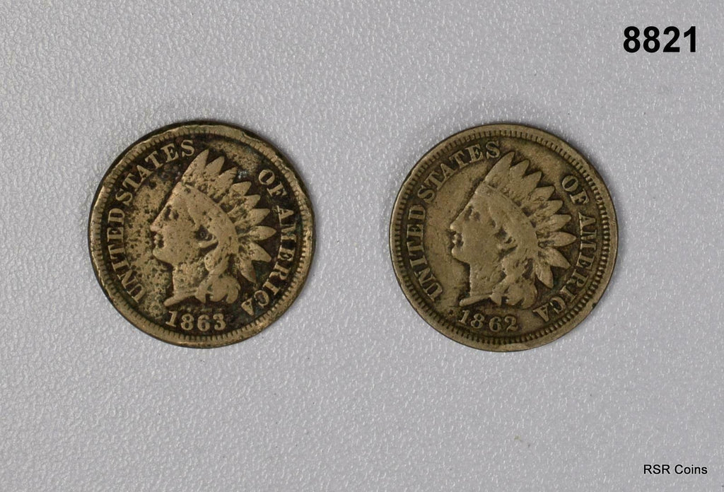 2 LITTLE INDIAN HEAD CENTS SLIGHTLY CORRODED: 1863 VG, 1862 FINE! #8821