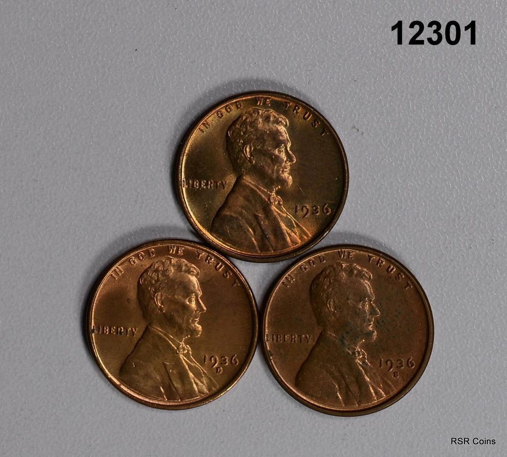 1936 P-D-S 3 COIN BU SET LINCOLN CENTS #12301