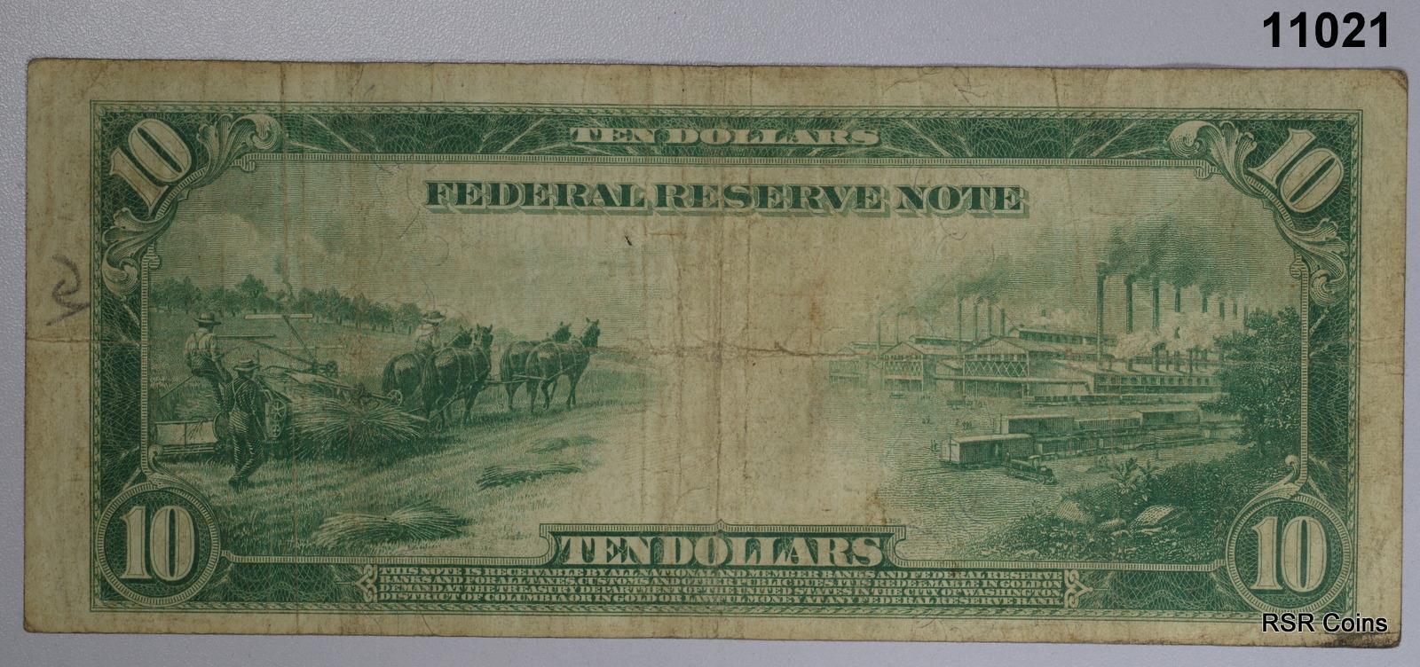 1914 US FEDERAL RESERVE $10 NOTE HORSE BLANKET FINE! #11021