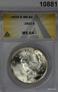 1922 PEACE SILVER DOLLAR ANACS CERTIFIED MS64 FLASHY LOOKS BETTER! #10881