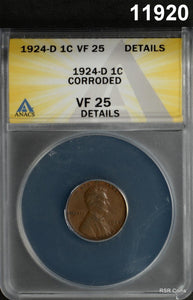 1924 D LINCOLN CENT ANACS CERTIFIED VF25 CORRODED LOOKS BETTER! #11920