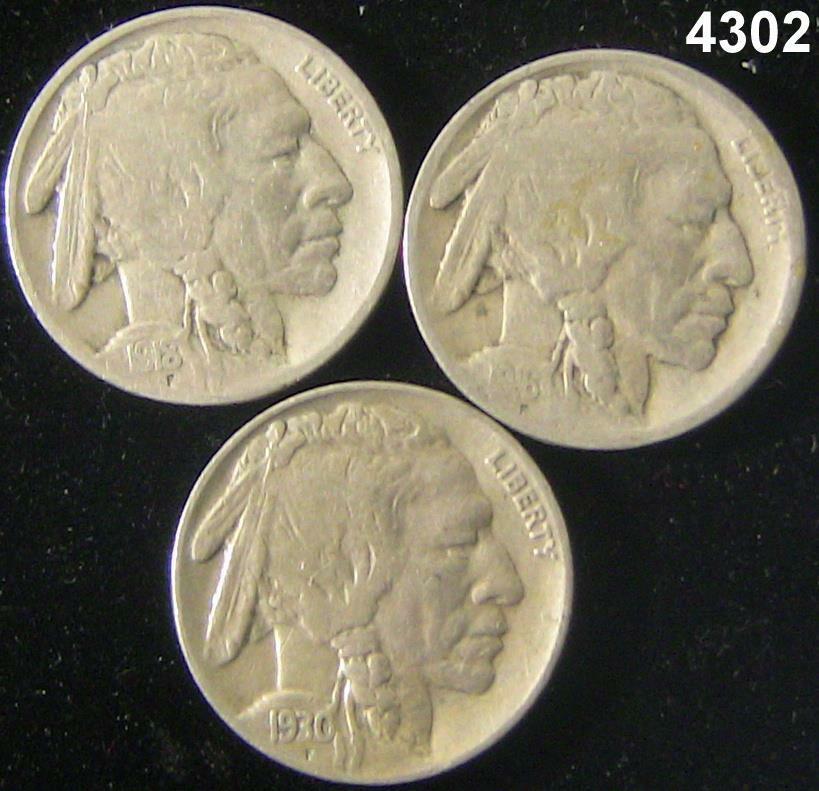 BUFFALO NICKEL 3 COIN LOT: 1930S (XF), 1918 (F), 1916 (F) #4302