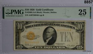 1928 $10 GOLD CERTIFICATE FR#2400 WOODS- MELLON PMG CERTIFIED VF25 #8857