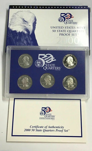 2000 United States Mint 50 State Quarters Proof Set W/ Box And COA 5 QUARTERS
