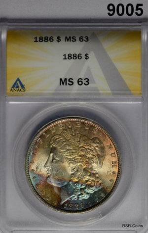 1886 MORGAN SILVER DOLLAR ANACS CERTIFIED MS63 AMAZING BLUE GOLD COLORS! #9005