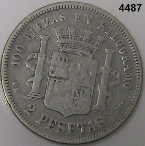 1870 SPAIN 2 PESETA SILVER SCARCE COIN! #4487