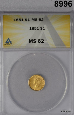 1851 GOLD $1 INDIAN PRINCESS ANACS CERTIFIED MS62 #8996