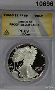 1986 S $1 SILVER EAGLE 1ST YEAR ANACS CERTIFIED PF69 DCAM SUPER!! #10696