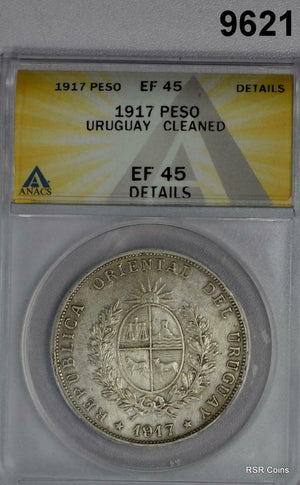 1917 URUGUAY PESO ANACS CERTIFIED EF45 CLEANED #9621
