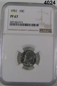 1951 ROOSEVELT DIME NGC CERTIFIED PF67 LOOKS CAMEO! #4024