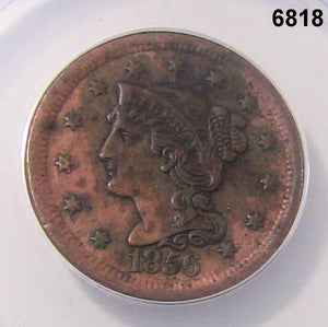 1856 LARGE CENT SLANTED 5 ANACS CERTIFIED AU55 CORRODED CLEANED #6818