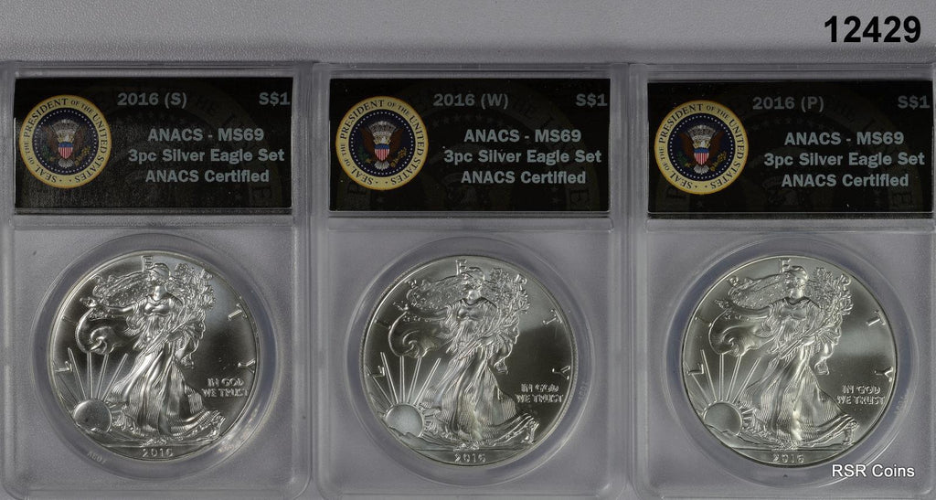2016 P, W, & S SILVER EAGLE 3 COIN SET ANACS CERTIFIED MS69! #12429
